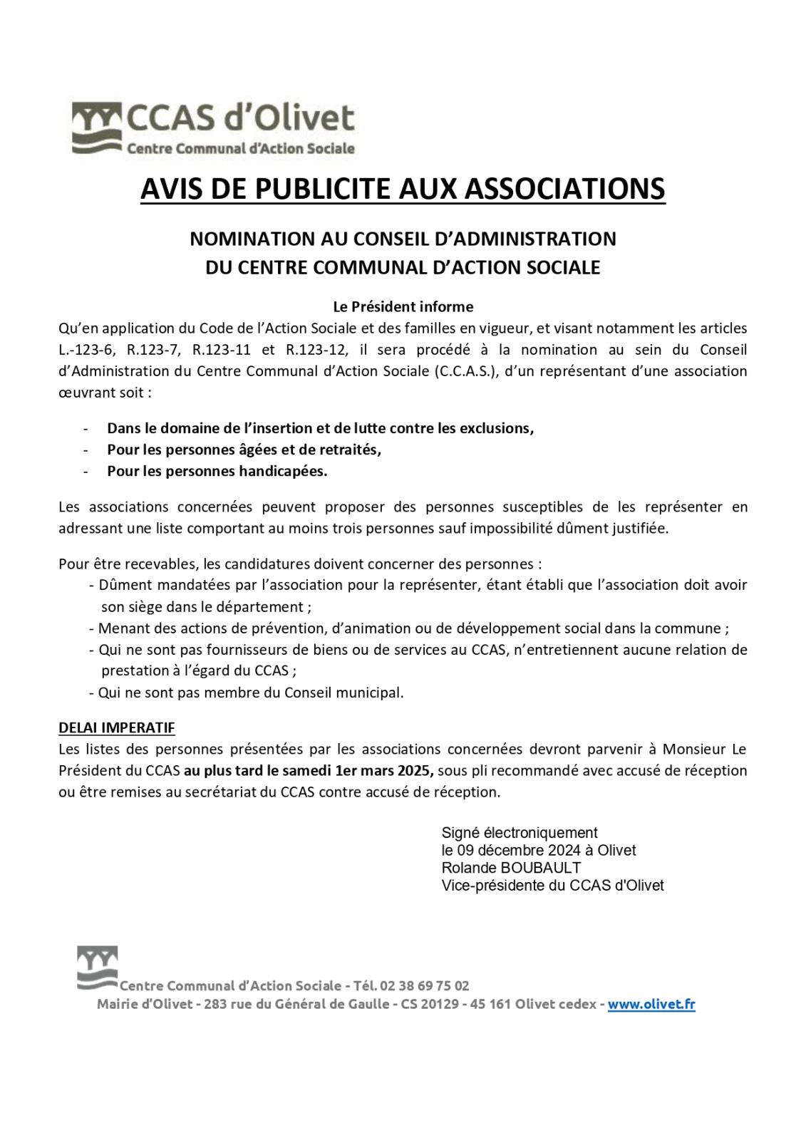 avis de publicité aux association