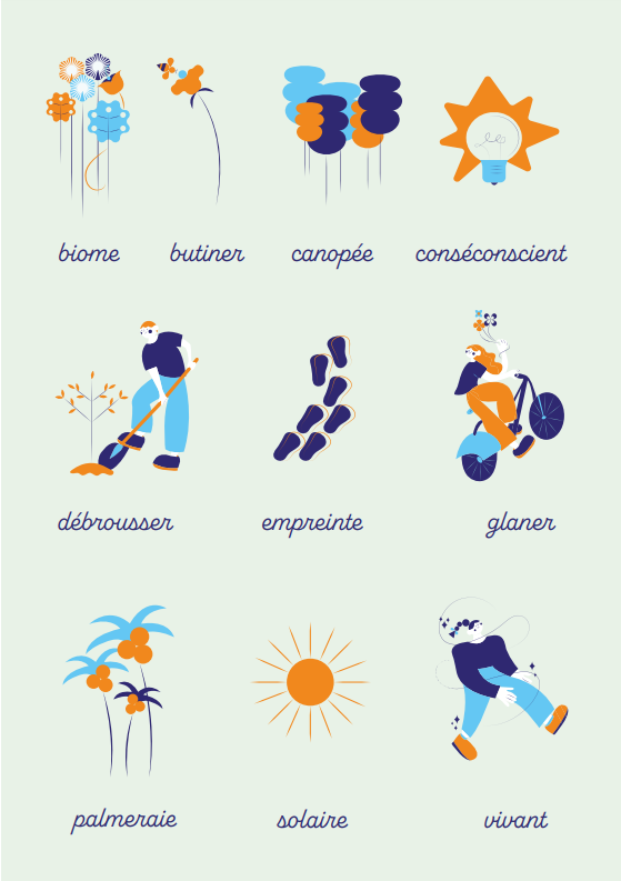 Biome, butiner, canopée, conséscient, débrousser, empreinte, glaner, palmeraie, solaire, vivant