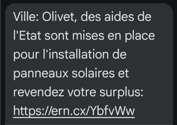 aperçu de message frauduleux disant Ville : Olivet, des aides de l'Etat sont mises en places pour l'installation de panneaux solaires et revendez votre surplus + lien